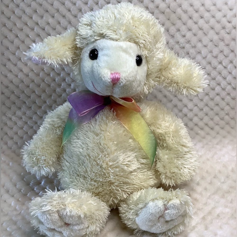 Unbranded Plush Beige Lamb with Rainbow Sheer Ribbon Bow Stuffed Animal Toy